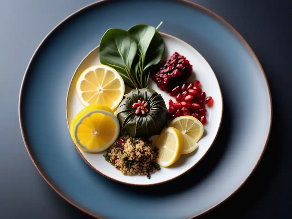 Un plato vibrante de dolmas veganos, rellenos de quinoa, piñones, hierbas frescas y tomates secos, con salsa de limón y tahini, decorado con granadas y microgreens en una elegante cerámica estilo mediterráneo