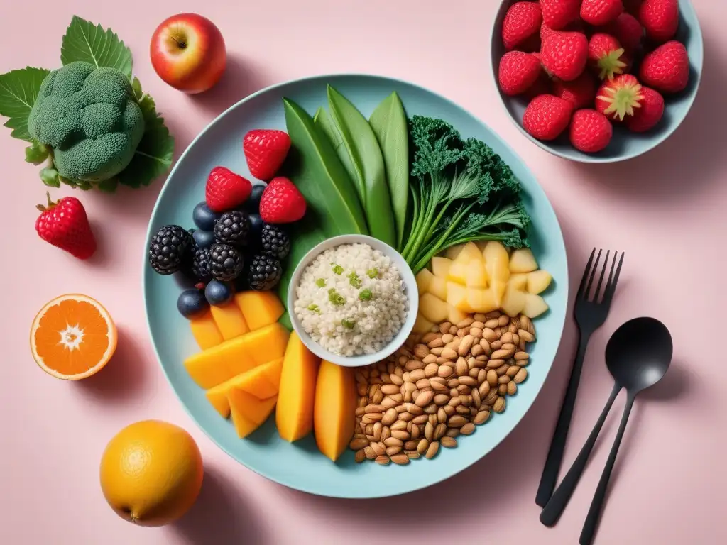 Plato vibrante con frutas, verduras y proteínas veganas, ideal para función renal en dieta vegana