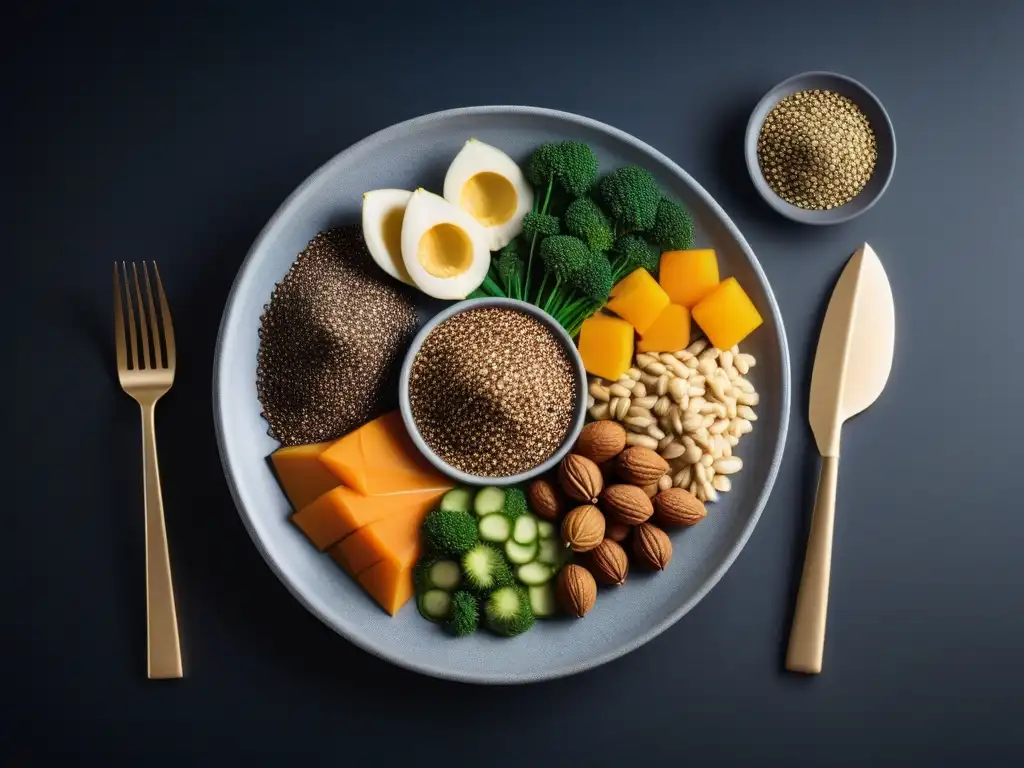 Un plato vibrante repleto de alimentos veganos ricos en ácidos grasos Omega3, como chía, linaza, nueces, semillas de cáñamo y algas