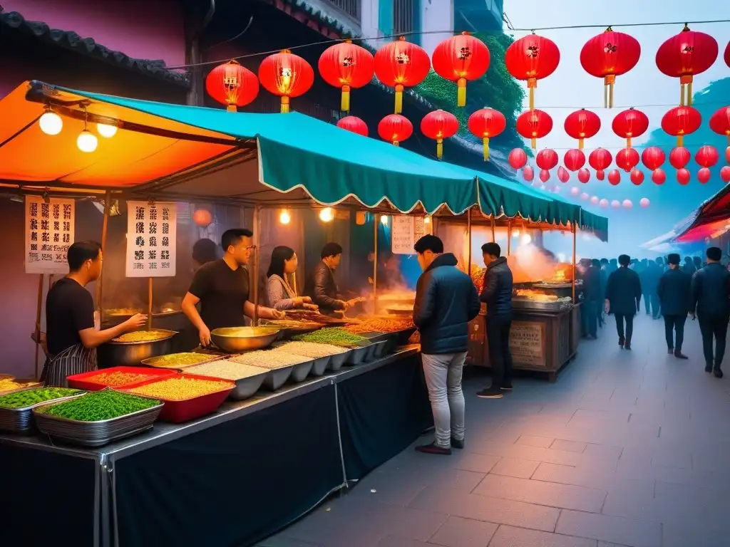 Platos callejeros veganos en un bullicioso mercado asiático, con puestos coloridos y gente disfrutando bajo faroles brillantes