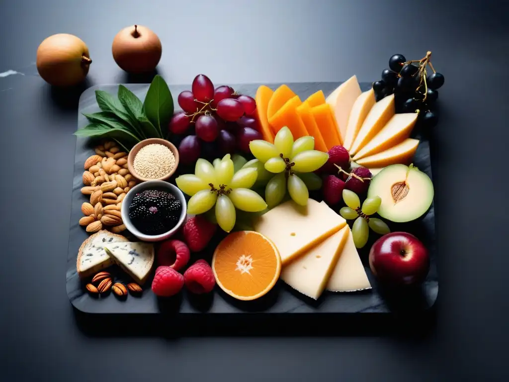 Diseño en presentación platos veganos: Exquisita tabla vegana con frutas, vegetales y quesos vegetales, elegante y colorida