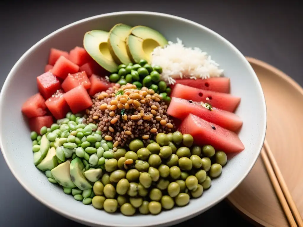 Un poke bowl vegano crudo innovador con ingredientes frescos y coloridos en un elegante tazón blanco