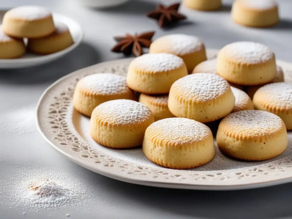 Unos polvorones veganos recién horneados en plato minimalista, perfectos para Navidad