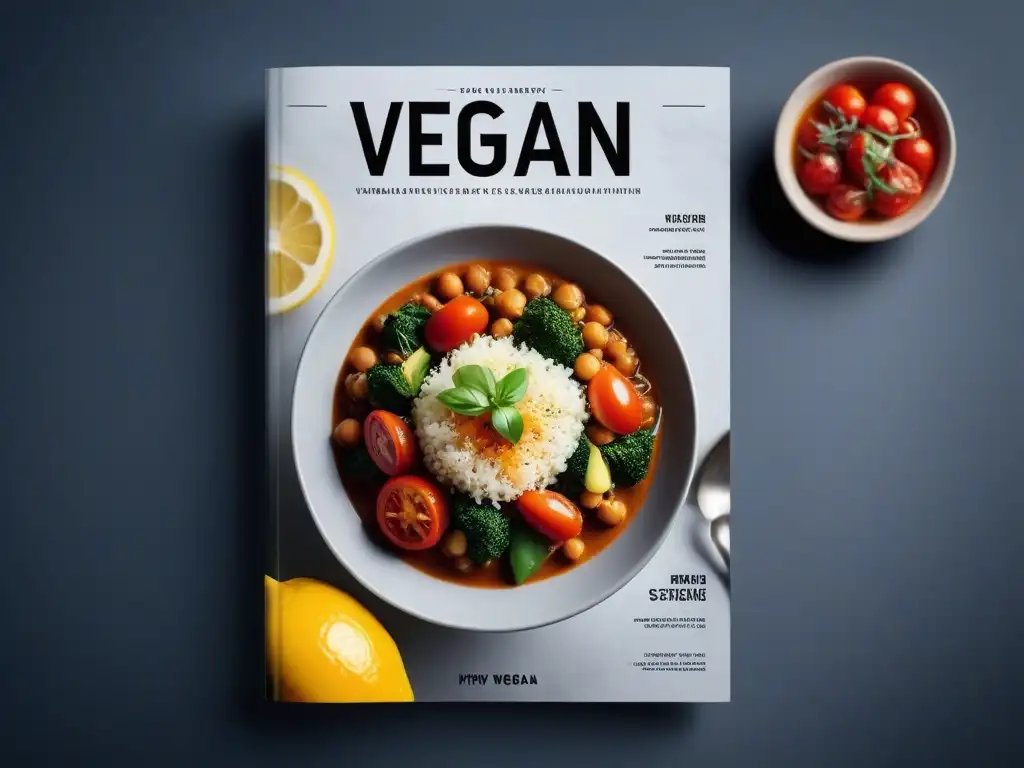 Portada elegante de revista gastronomía vegana con platos vibrantes en fondo minimalista