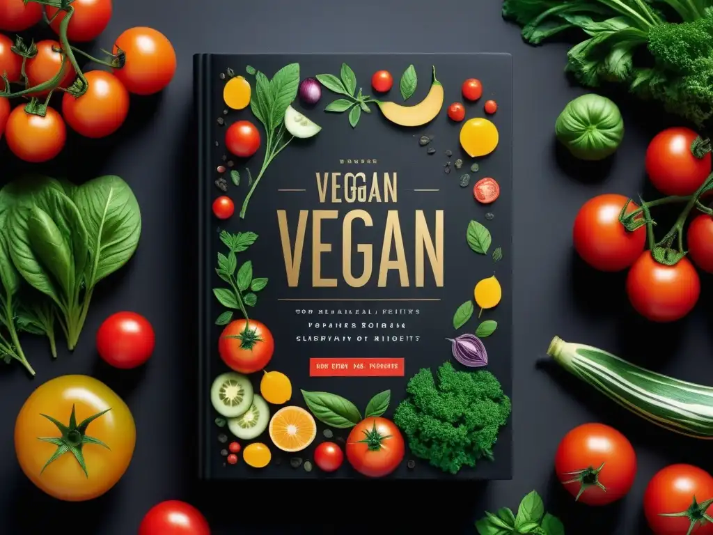 Portada de libro de cocina vegana con arte visual vibrante y detallado de ingredientes vegetales