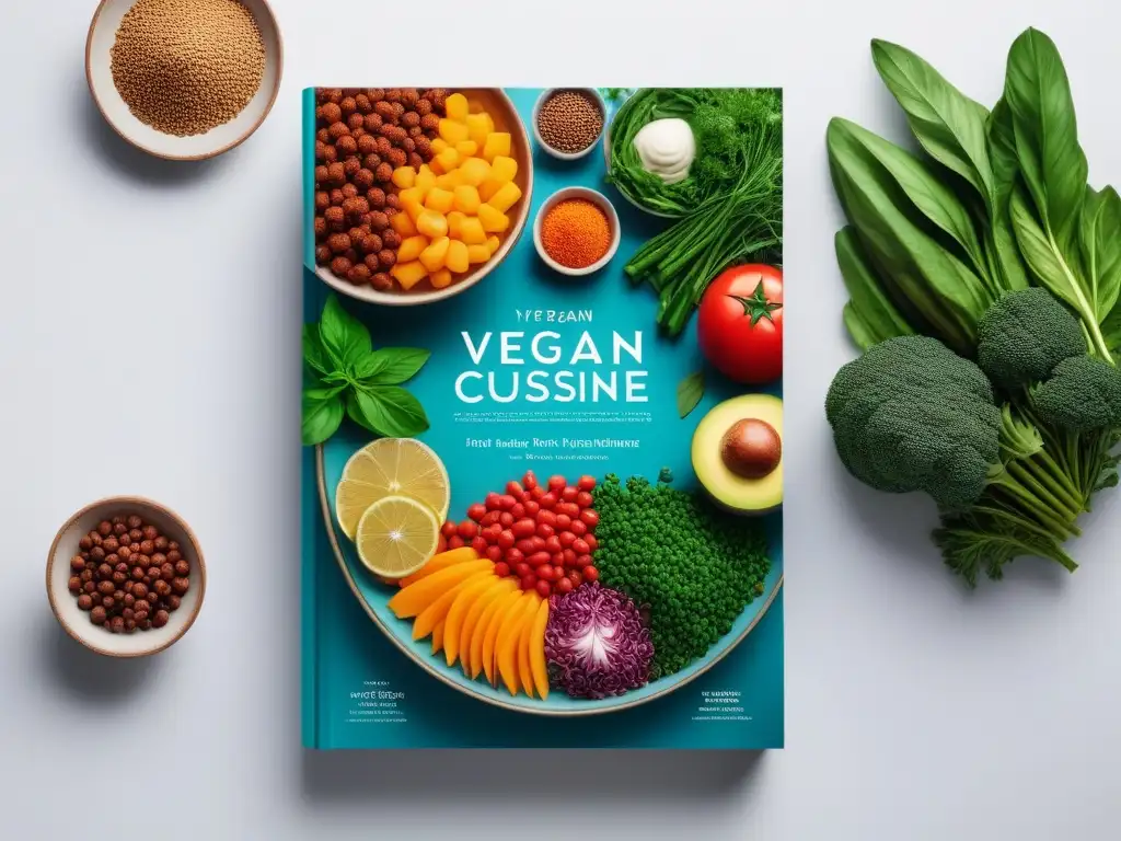 Una portada de libro de cocina vegana con arte visual vibrante y sofisticado