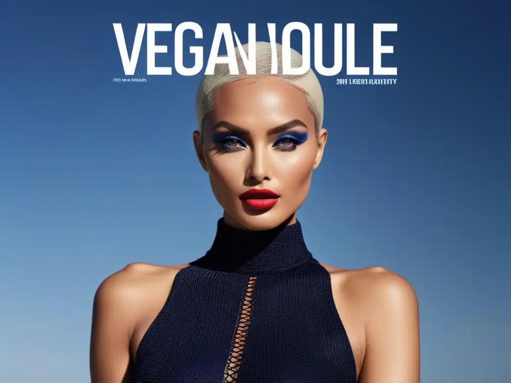 Portada de revista de moda vegana internacional con diseño sofisticado y vibrante, fusionando moda ética y estilo moderno