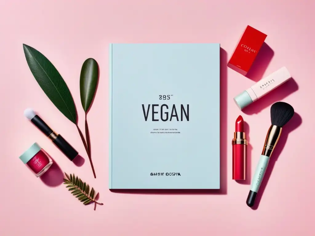 Portada de revista de moda vegana internacional con productos de belleza vibrantes y eco-friendly en una composición elegante y artística