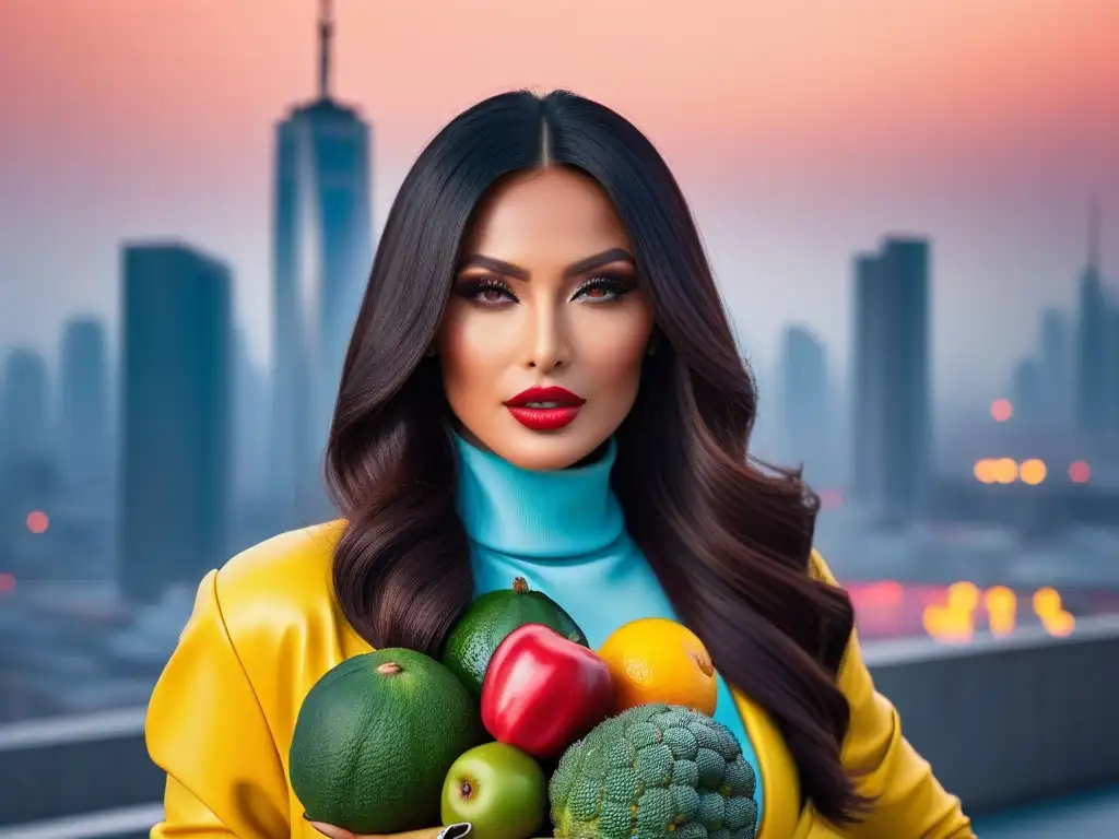 Una portada de revista moderna y vibrante con tipografía audaz que lee 'Moda y Belleza Vegana', ilustraciones de frutas y verduras coloridas y productos de belleza libres de crueldad, todo sobre un telón de fondo de una ciudad futurista