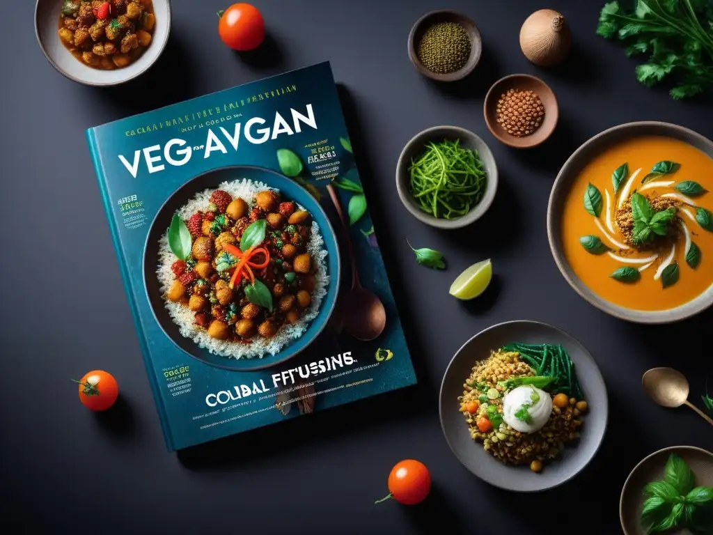 Una portada vibrante de revista digital con cocina vegana internacional, platos intrincados y colores ricos