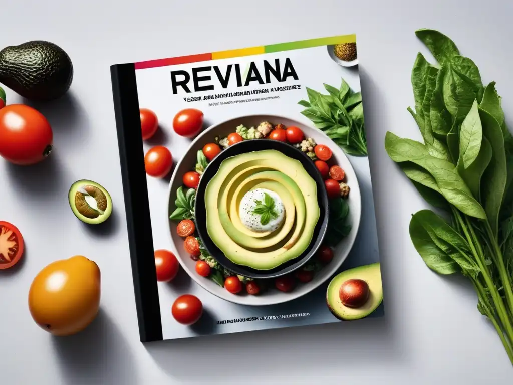 Portada vibrante de revista vegana con platos coloridos y frescos