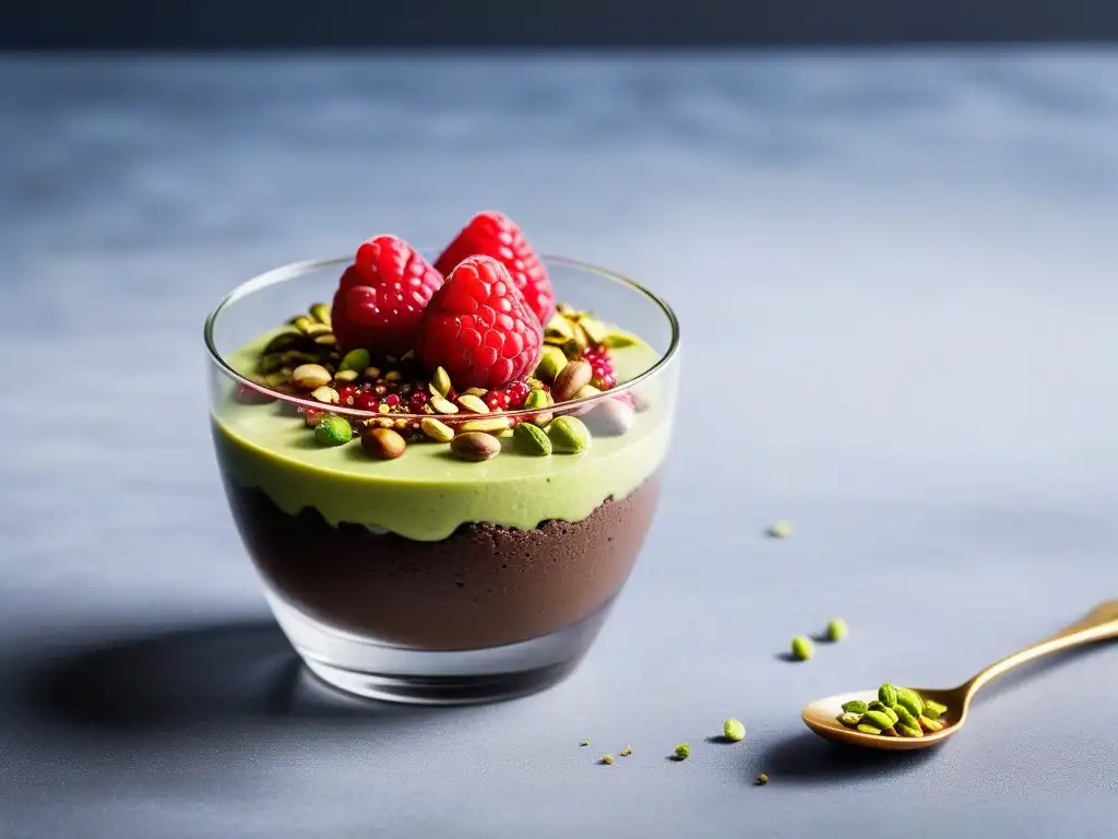 Postre vegano sin gluten: mousse de chocolate y aguacate con frambuesas y pistachos en copa elegante