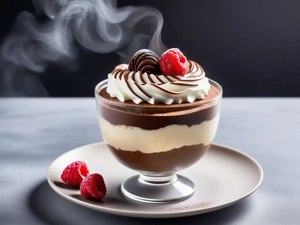 Un postre vegano hecho con mousse de chocolate cremoso, nata sin lácteos, frambuesas frescas y cacao en polvo