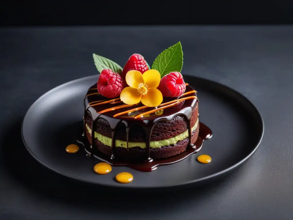 Un postre vegano innovador y delicioso: pastel de chocolate con mousse de aguacate, frambuesas y flores comestibles sobre plato blanco minimalista