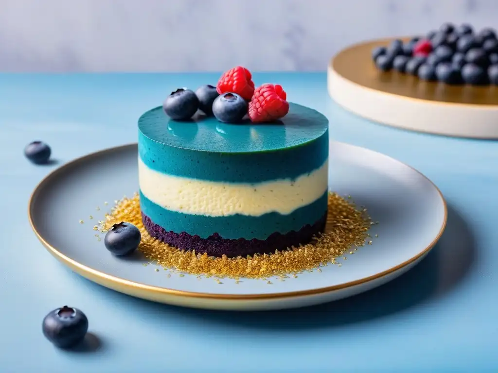 Postre vegano con toque oceánico: pastel de espirulina azul rodeado de frutas y láminas de oro en plato cerámico