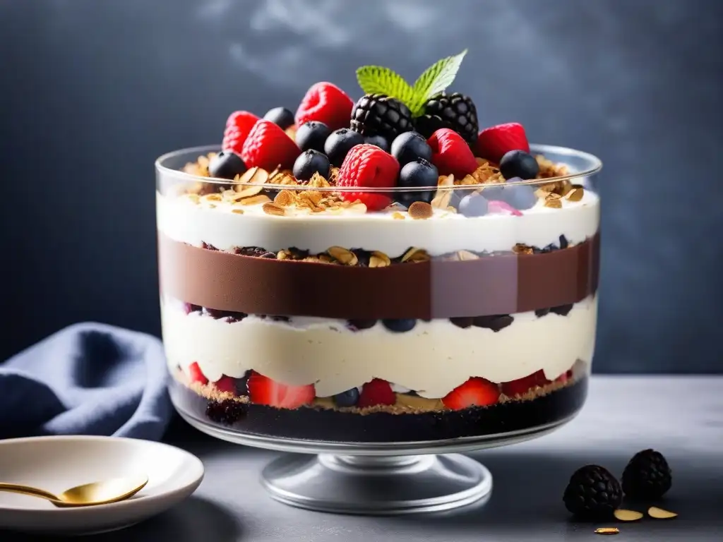 Postres veganos en capas: Delicioso trifle vegano con capas de crema de coco, mousse de chocolate, bayas frescas y galletas de almendra