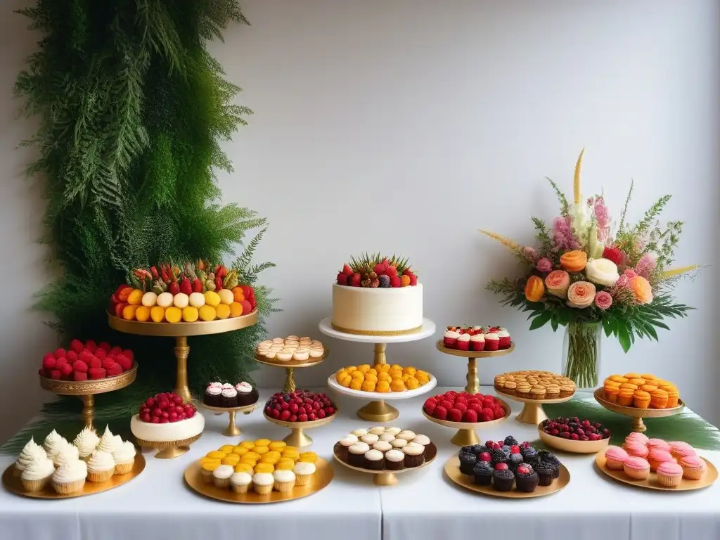 Postres veganos para fiestas innovadores: Mesa exquisita con dulces coloridos y detallados, decorada con flores frescas y hojas doradas