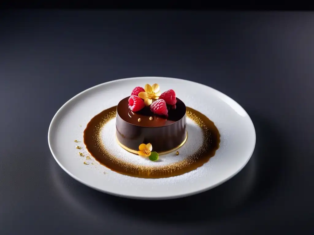 Postres veganos innovadores y deliciosos: una obra maestra de postre vegano con mousse de chocolate, coulis de frambuesa y flores comestibles