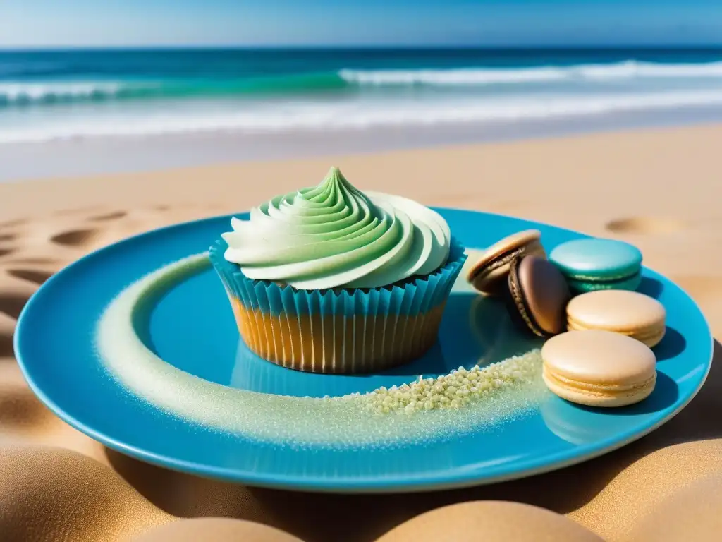 Postres veganos con toque oceánico: Ola azul vibrante rompiendo en la playa, cupcakes y postres en forma de concha y macarons verdes