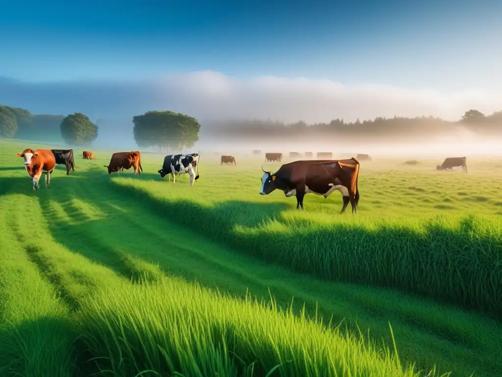 Un prado verde exuberante donde vacas felices pastan en armonía con la naturaleza