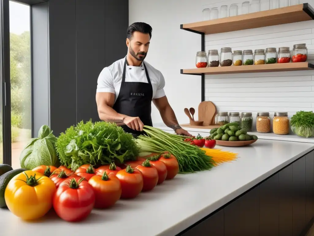 Preparación de cenas veganas con ingredientes frescos en una cocina vibrante y moderna