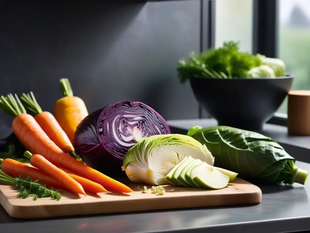 Preparación de chucrut vegano con vegetales coloridos en cocina minimalista