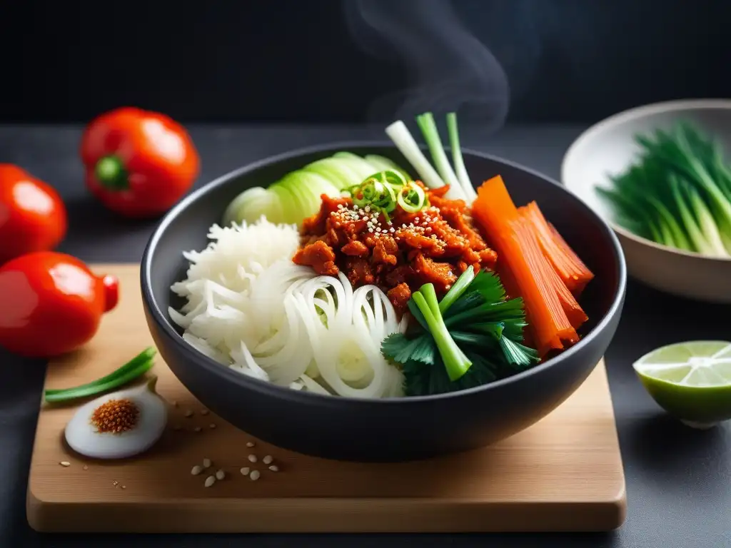 Preparación detallada de ingredientes para receta kimchi vegano casero, frescos y coloridos en una cocina moderna