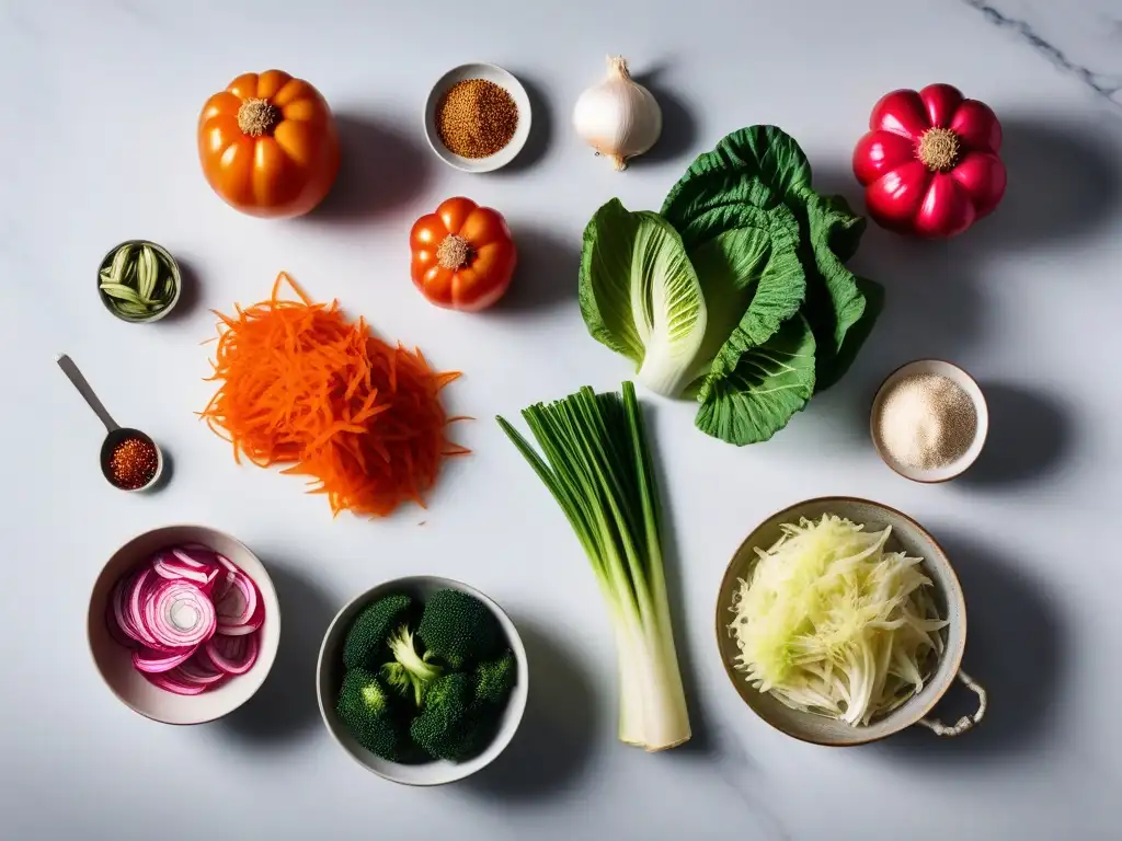 Preparación detallada de receta kimchi vegano casero con ingredientes frescos en encimera de mármol blanco