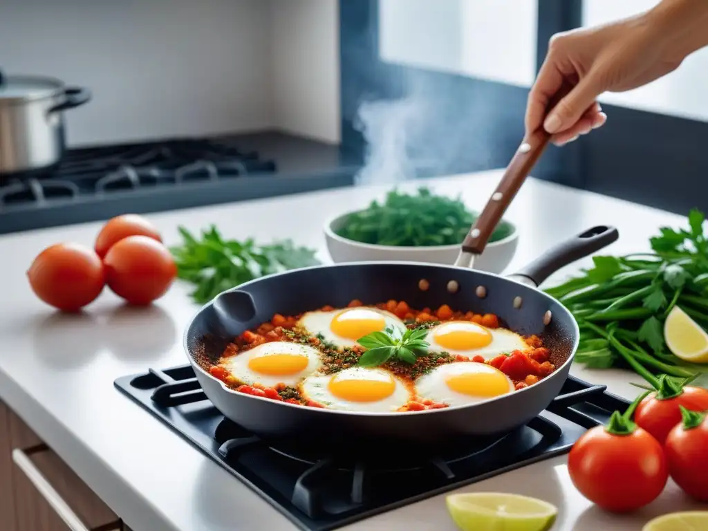 Preparación detallada de un vibrante shakshuka vegano gourmet en cocina moderna