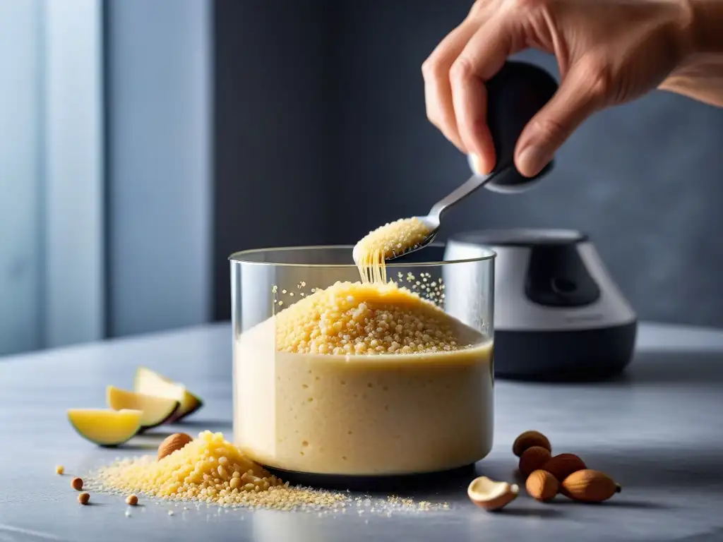 Preparación de Queso Pecorino Vegano con ingredientes en el aire, en procesador de alimentos moderno