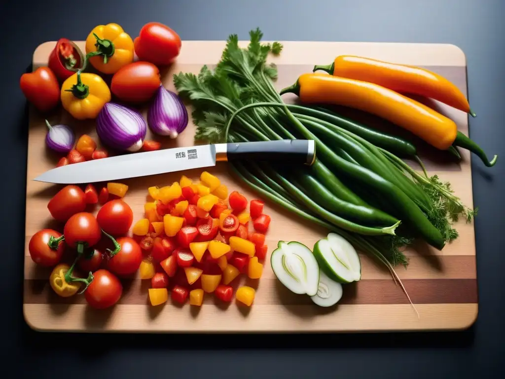 Preparación de Salsa Boloñesa Vegana Receta Secreta: Vegetales frescos picados en tabla moderna con cuchillo de chef