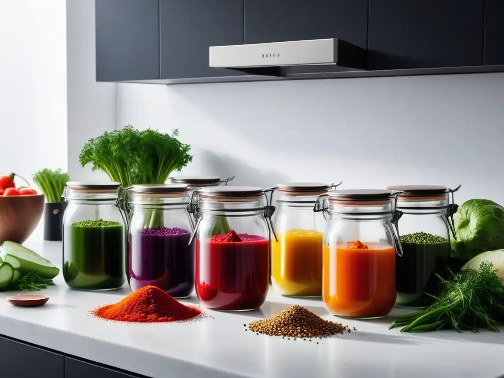 Preparación de verduras coloridas en encimera de cuarzo blanco, hierbas y especias organizadas