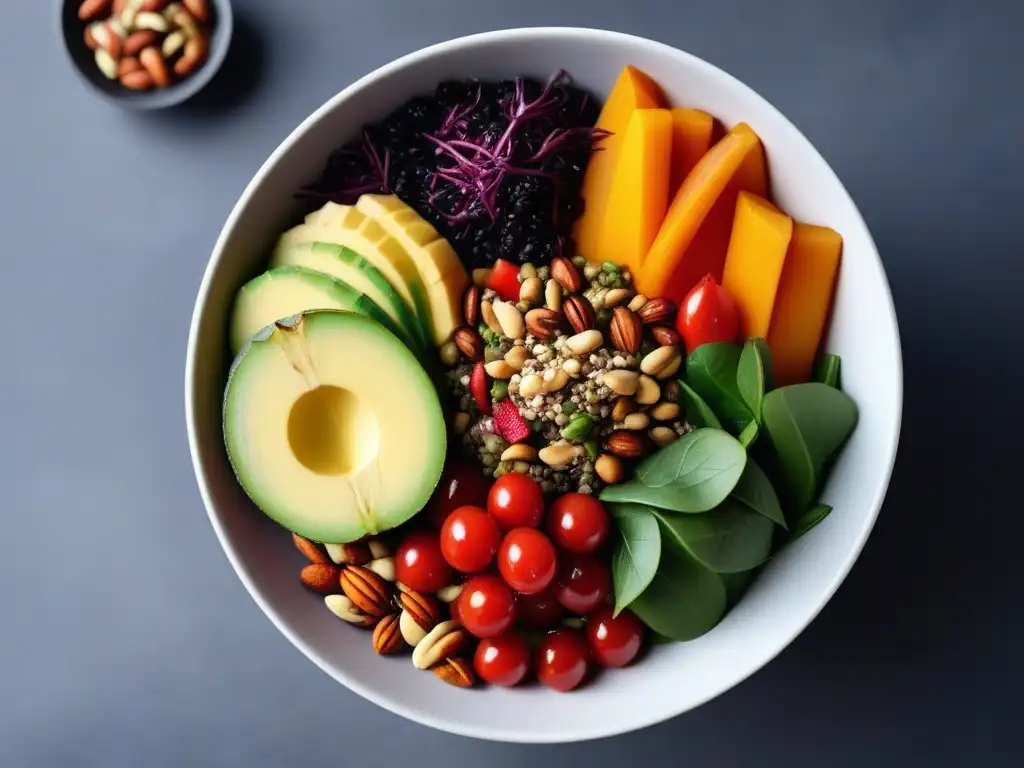 Una presentación artística de un vibrante y detallado bowl vegano crudo, resaltando la frescura y belleza de los ingredientes