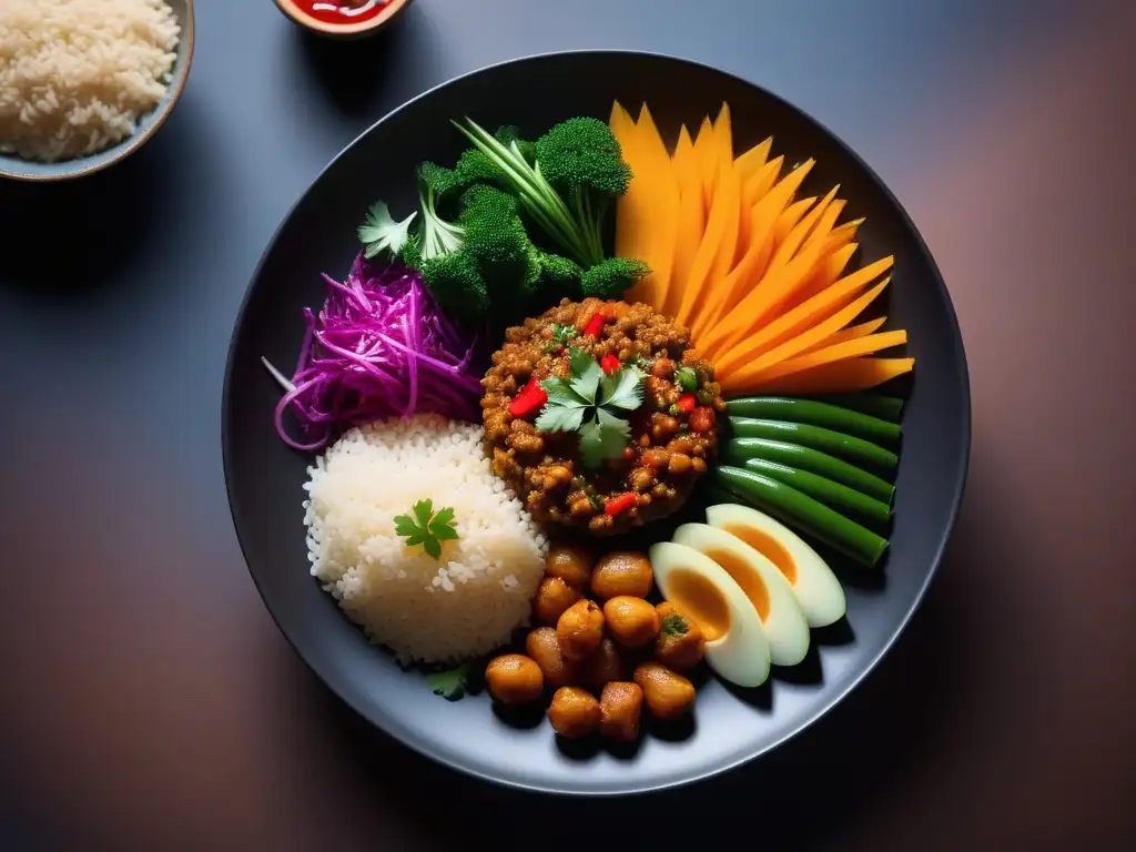 Una presentación elegante de un plato tradicional de cocina vegana kazaja, fusionando lo clásico con lo moderno