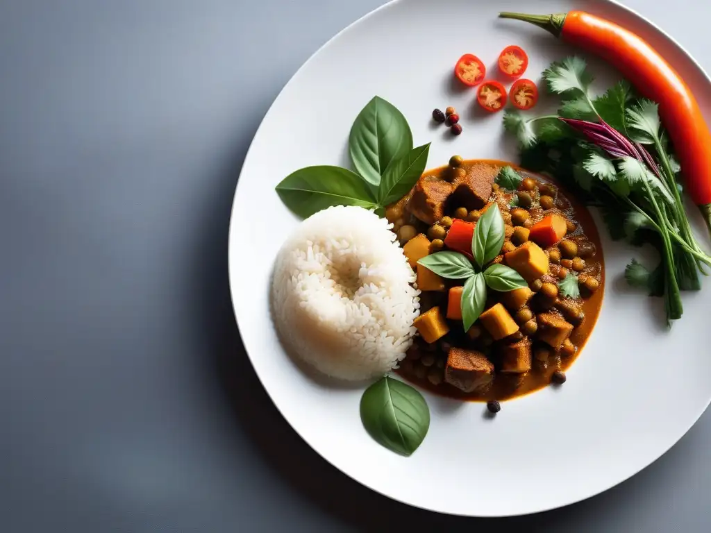 Una presentación moderna de una vibrante receta de cocina vegana india, con especias y vegetales coloridos en un plato blanco