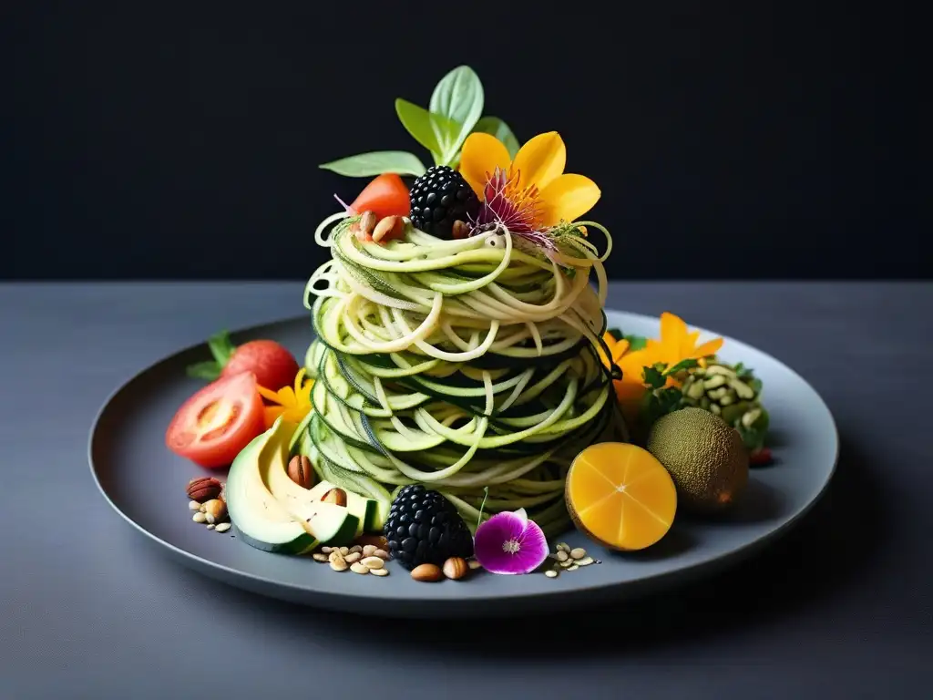 Una presentación de platos veganos crudos vibrantes y coloridos, con una torre de fideos de calabacín y aderezo de aguacate