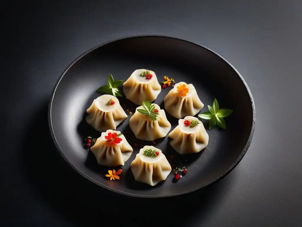 Presentación de platos veganos al vapor: Dumplings veganos vibrantes y delicadamente decorados, en un elegante fondo de pizarra negra mate