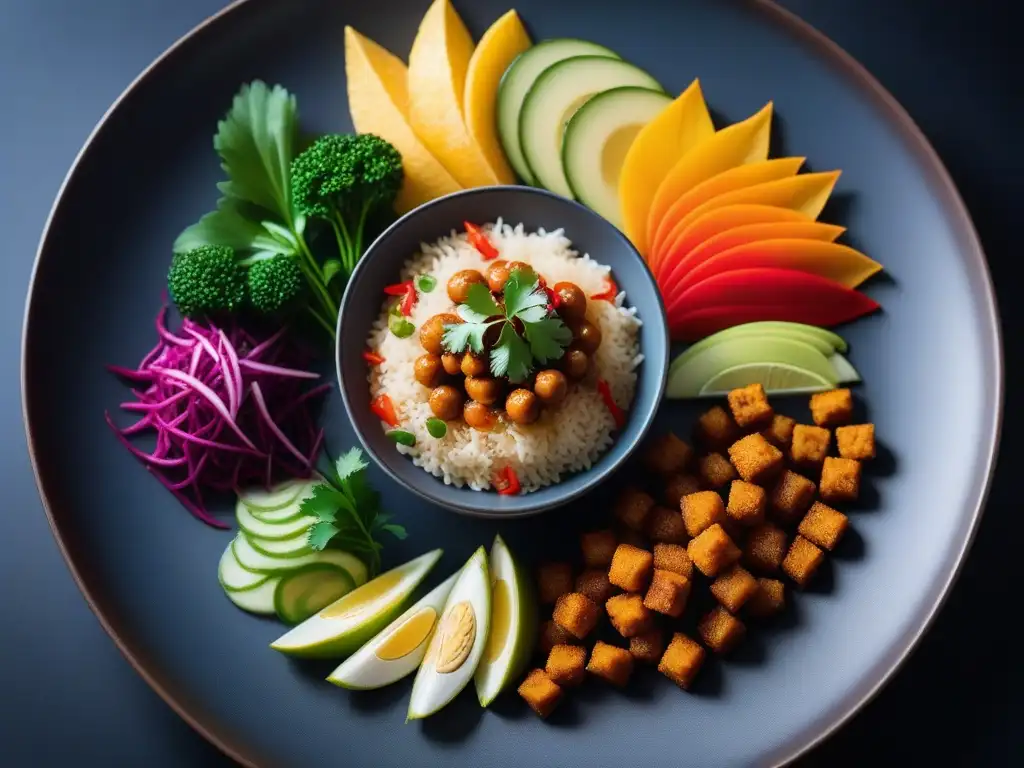 Una presentación vibrante de menús festivos veganos asiáticos con platos coloridos y elaborados, resaltando la diversidad culinaria