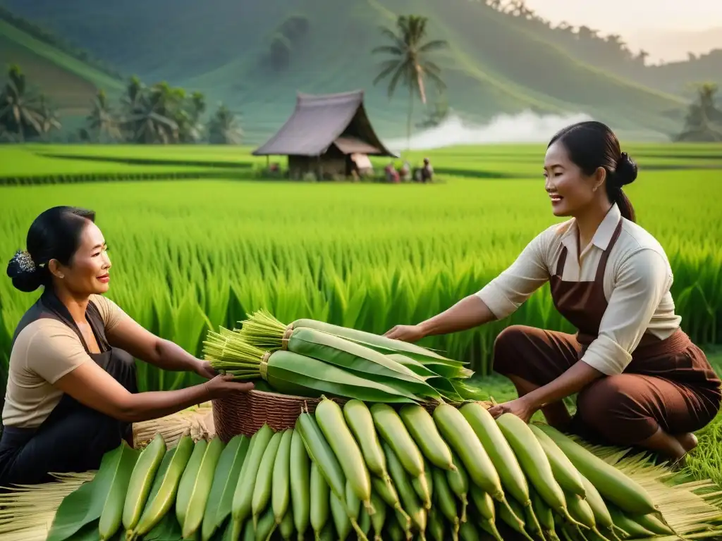 Proceso tradicional de tempeh en Indonesia con mujeres locales fermentando soja en hojas de plátano en un paisaje de arrozales al atardecer