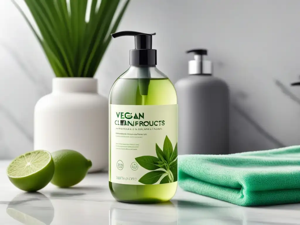 Productos de limpieza veganos ecológicos en envases minimalistas sobre encimera de mármol con hierbas frescas y paño reutilizable