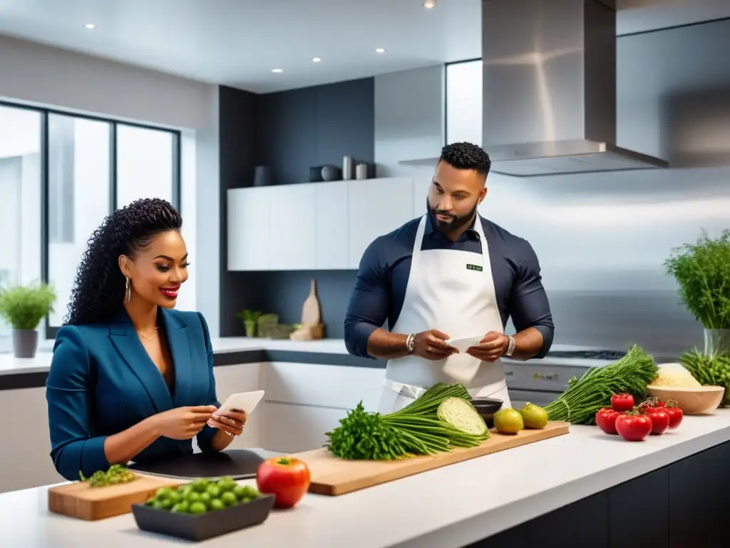 Profesionales diversificados intercambiando ideas y tarjetas en una cocina vegana de diseño