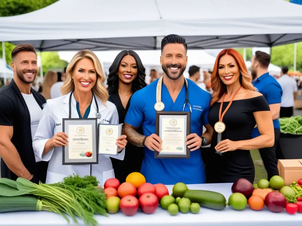 Profesionales sonrientes con certificación en nutrición vegana en mercado