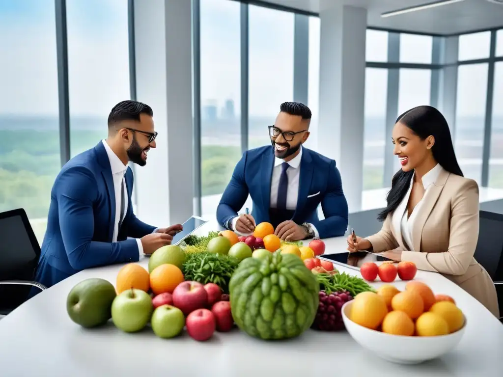 Profesionales de nutrición vegana certificándose, entusiastas en discusión alrededor de mesa con frutas y verduras frescas