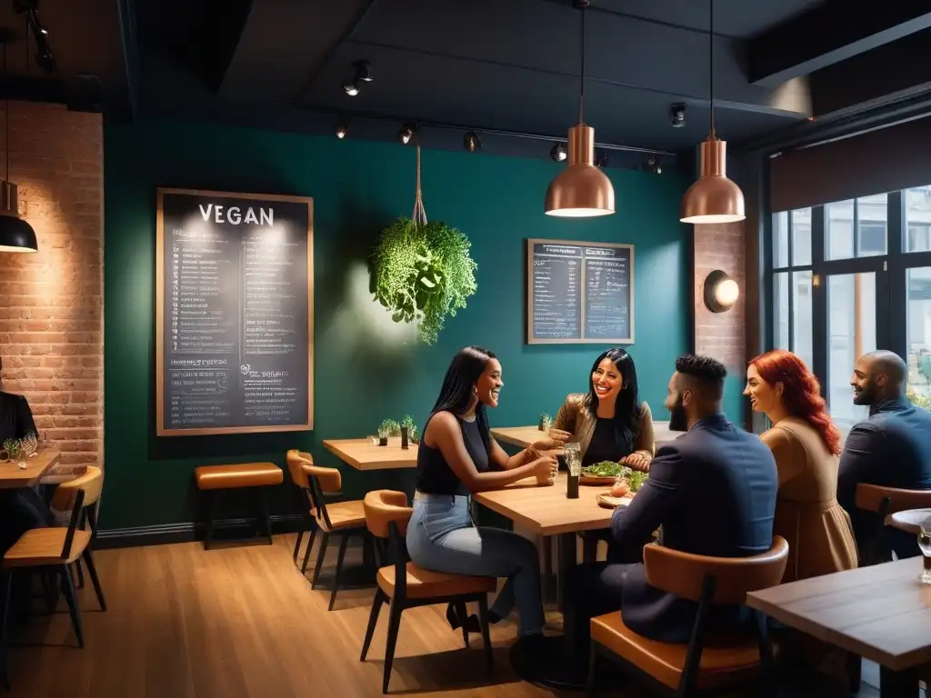 Propuesta de valor emprendimiento vegano: Grupo diverso disfrutando en restaurante plantbased moderno y acogedor