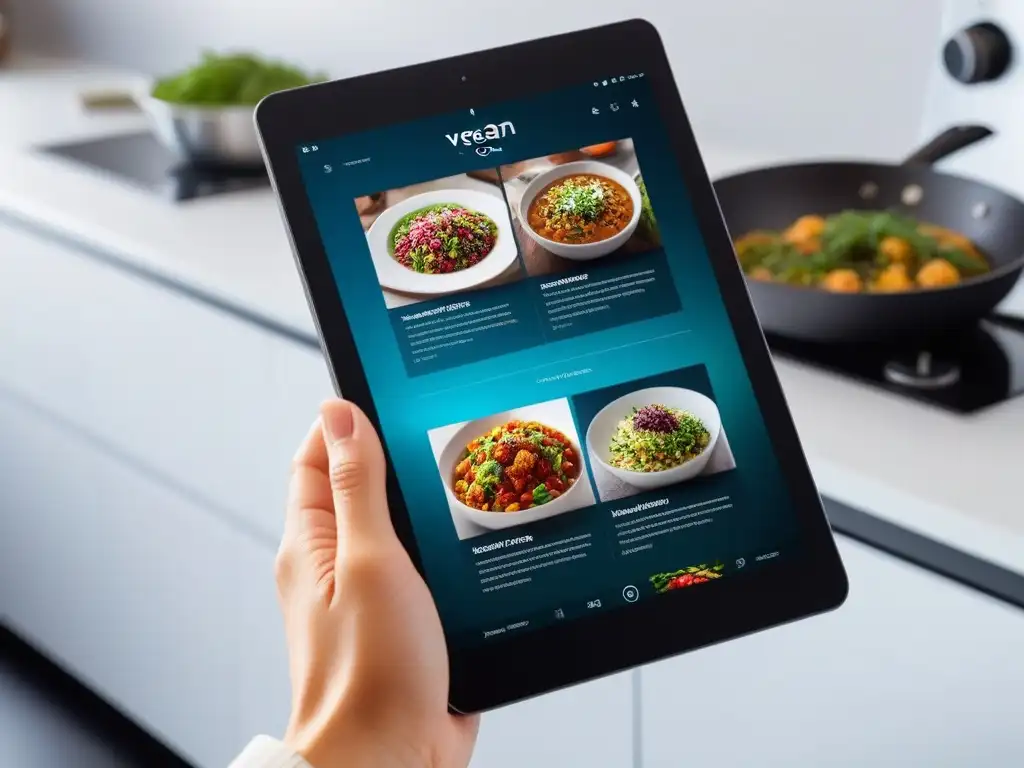 Revolución en publicaciones digitales cocina vegana con tablet futurista y recetario colorido