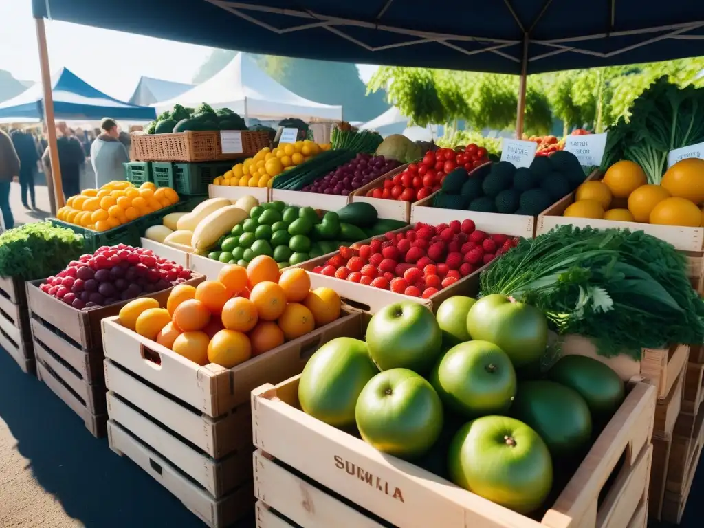 Un puesto de mercado con frutas y verduras orgánicas coloridas, transmitiendo frescura y sostenibilidad