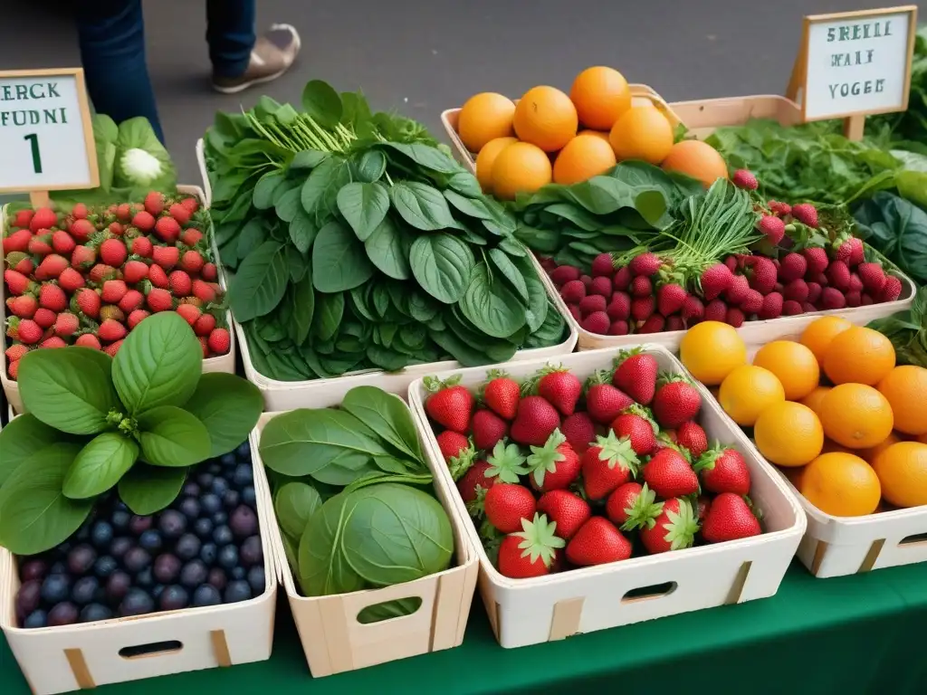 Un puesto de mercado lleno de frutas y verduras frescas y coloridas