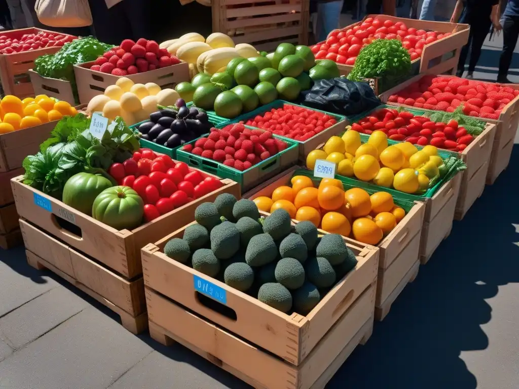 Un puesto de mercado lleno de frutas y verduras orgánicas frescas, coloridas y vibrantes