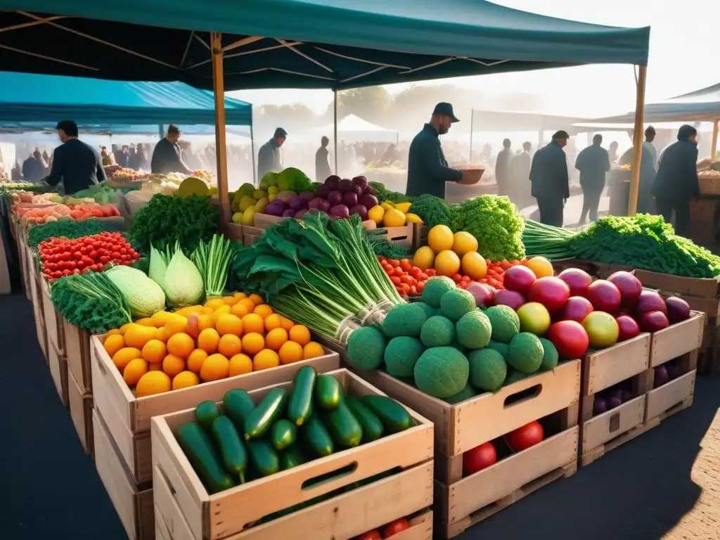 Un puesto de mercado rebosante de colores, frutas y verduras frescas en cajas de madera