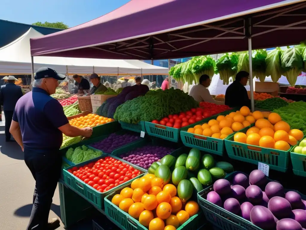 Un puesto de mercado rebosante de frutas y verduras orgánicas coloridas bajo la luz del sol